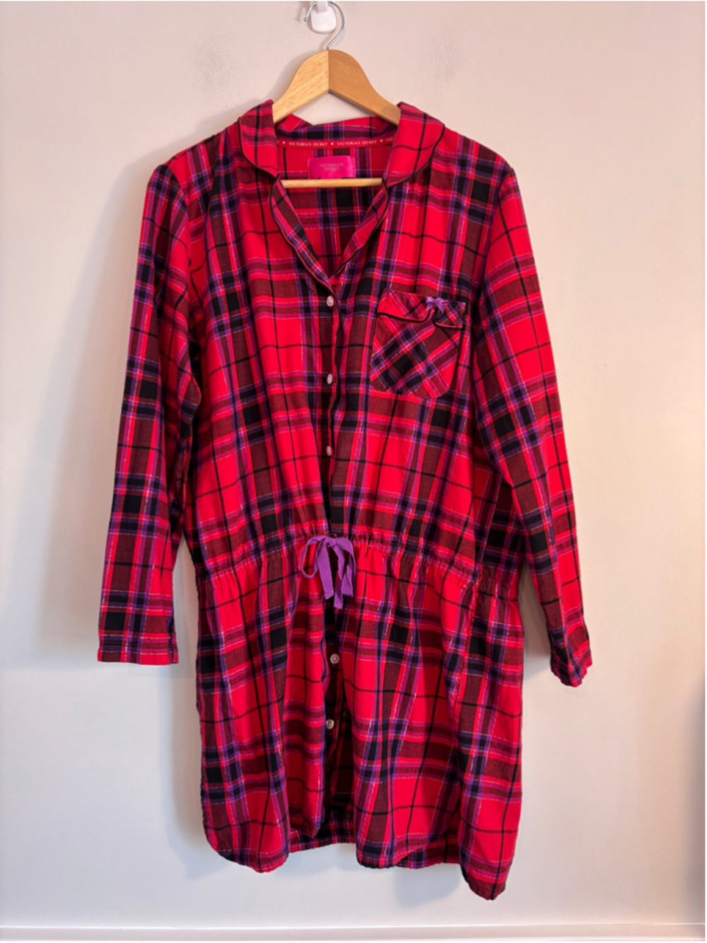 Victoria's Secret Women's Red/Purple Multi Plaid Flannel Tie Waist Nightgown L